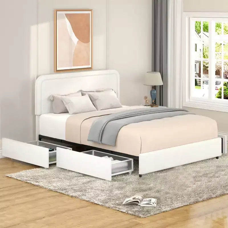 Letto imbottito Queen size con 4 cassetti e altezza testiera regolabile, Avorio