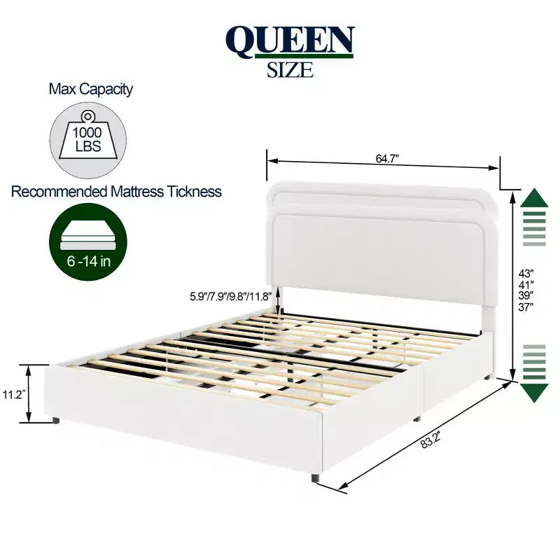 Letto imbottito Queen size con 4 cassetti e altezza testiera regolabile, Avorio