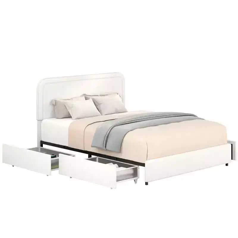 Letto imbottito Queen size con 4 cassetti e altezza testiera regolabile, Avorio