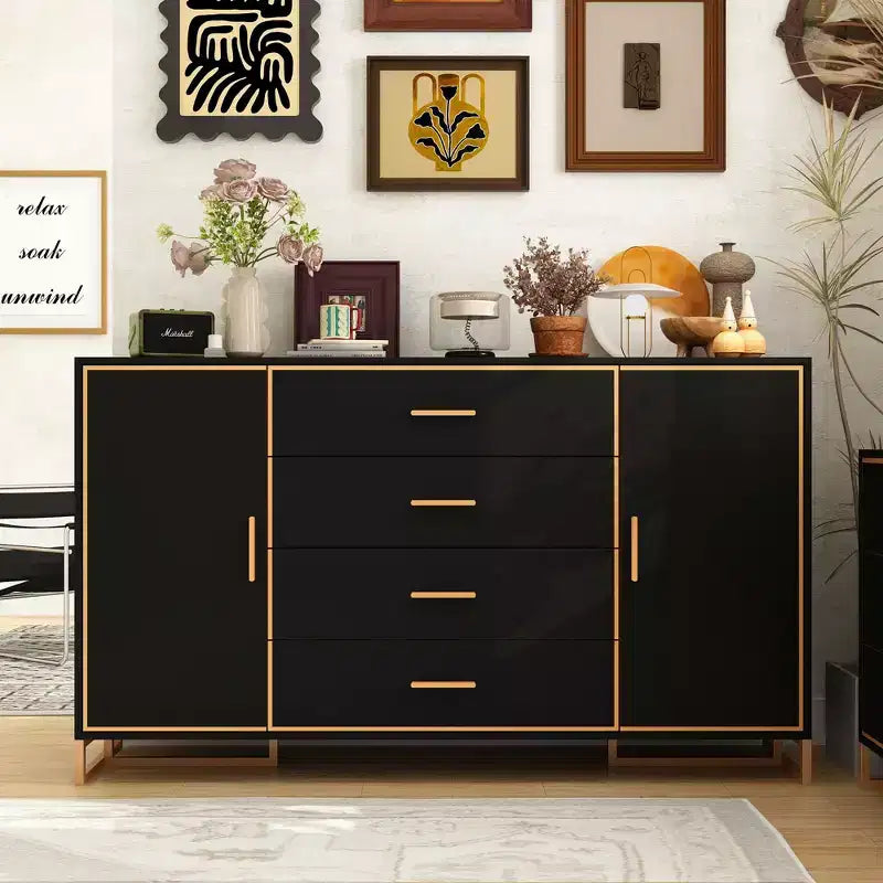 Famapy Black and Gold Horizontal Dresser: Partitioned Storage Areas, Sturdy and Long - Lasting for a Luxurious Lifestyle