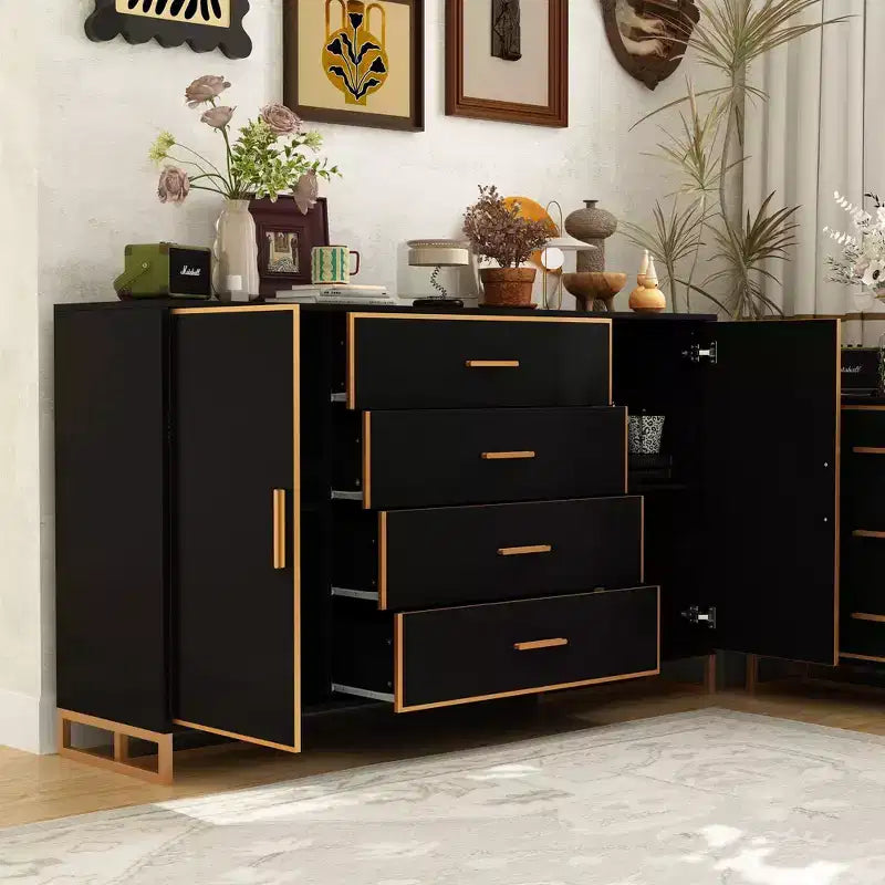 Cassettiera orizzontale nera e oro con cassetti e armadietto contenitore