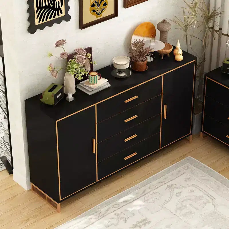 Cassettiera orizzontale nera e oro con cassetti e armadietto contenitore