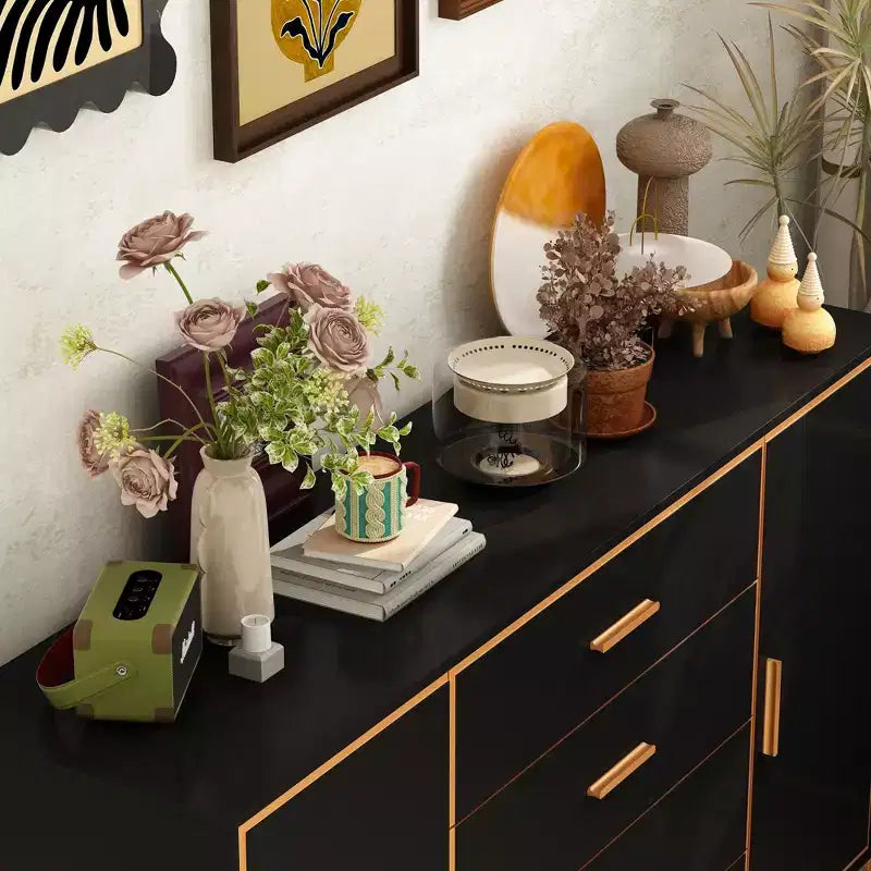 Cassettiera orizzontale nera e oro con cassetti e armadietto contenitore