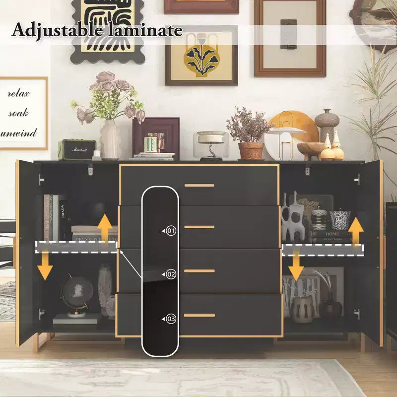 Cassettiera orizzontale nera e oro con cassetti e armadietto contenitore
