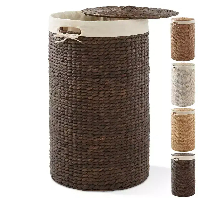 Casafield Round Laundry Hamper with Lid and Removable Liner Bag, Woven Water Hyacinth Laundry Basket for Clothes
