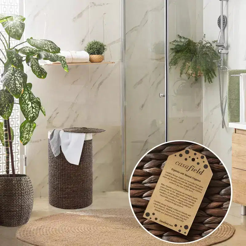 Cesto Portabiancheria Rotondo con Coperchio e Fodera Rimovibile – Cesta Intrecciata in Giacinto d'Acqua