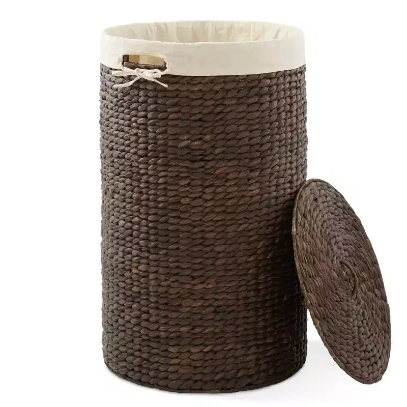Cesto Portabiancheria Rotondo con Coperchio e Fodera Rimovibile – Cesta Intrecciata in Giacinto d'Acqua