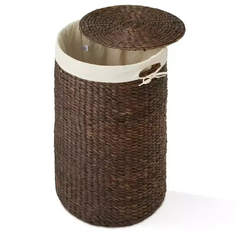 Cesto Portabiancheria Rotondo con Coperchio e Fodera Rimovibile – Cesta Intrecciata in Giacinto d'Acqua