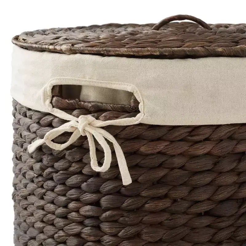 Cesto Portabiancheria Rotondo con Coperchio e Fodera Rimovibile – Cesta Intrecciata in Giacinto d'Acqua