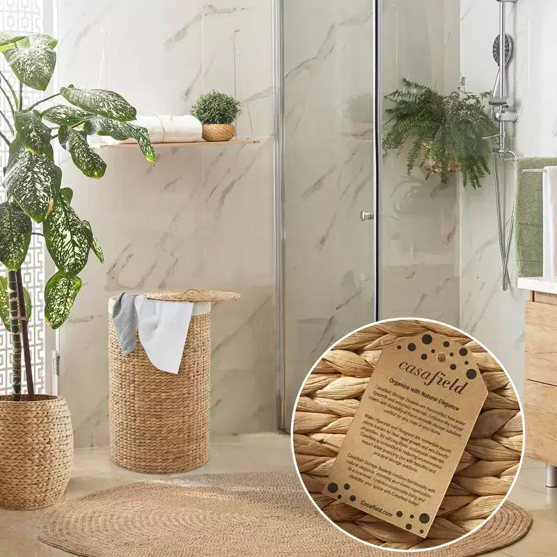 Cesto Portabiancheria Rotondo con Coperchio e Fodera Rimovibile – Cesta Intrecciata in Giacinto d'Acqua
