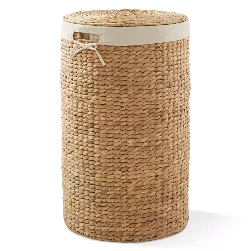 Cesto Portabiancheria Rotondo con Coperchio e Fodera Rimovibile – Cesta Intrecciata in Giacinto d'Acqua