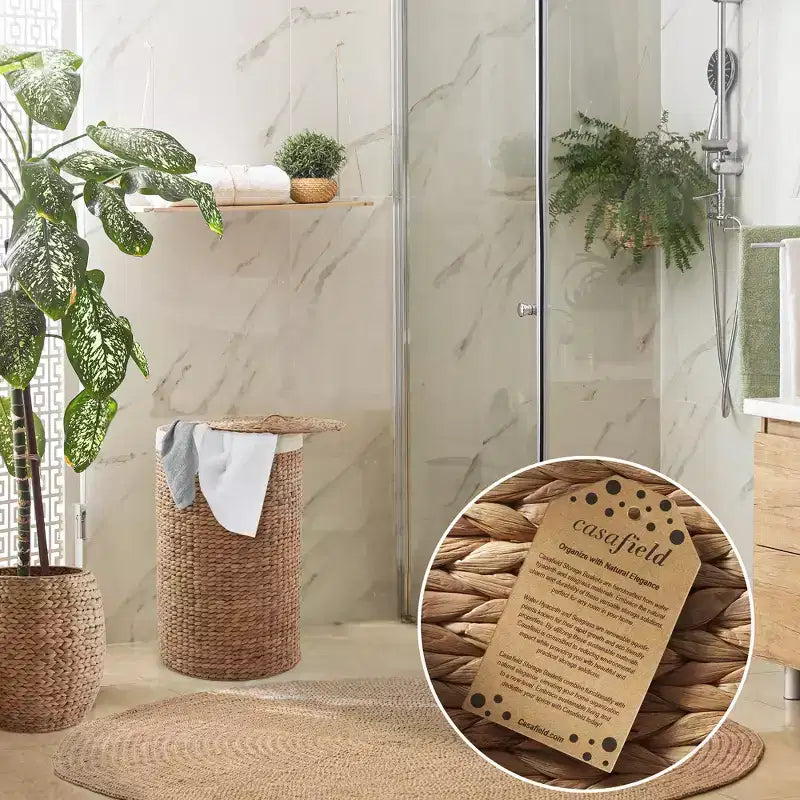 Cesto Portabiancheria Rotondo con Coperchio e Fodera Rimovibile – Cesta Intrecciata in Giacinto d'Acqua