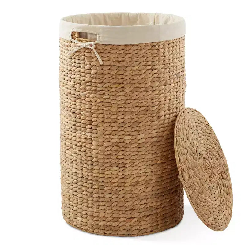 Cesto Portabiancheria Rotondo con Coperchio e Fodera Rimovibile – Cesta Intrecciata in Giacinto d'Acqua