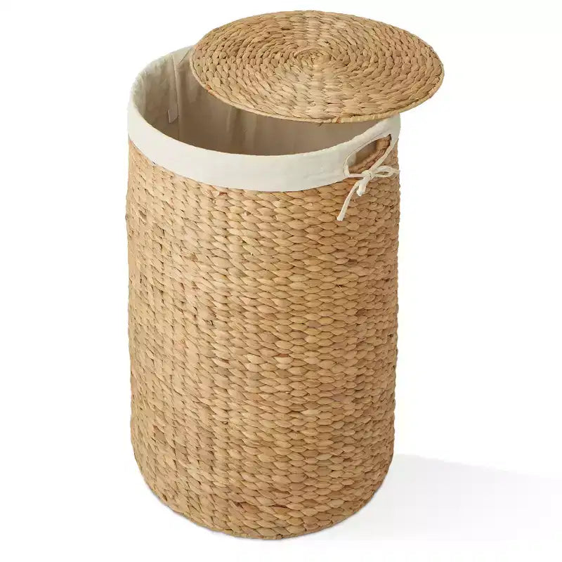 Cesto Portabiancheria Rotondo con Coperchio e Fodera Rimovibile – Cesta Intrecciata in Giacinto d'Acqua