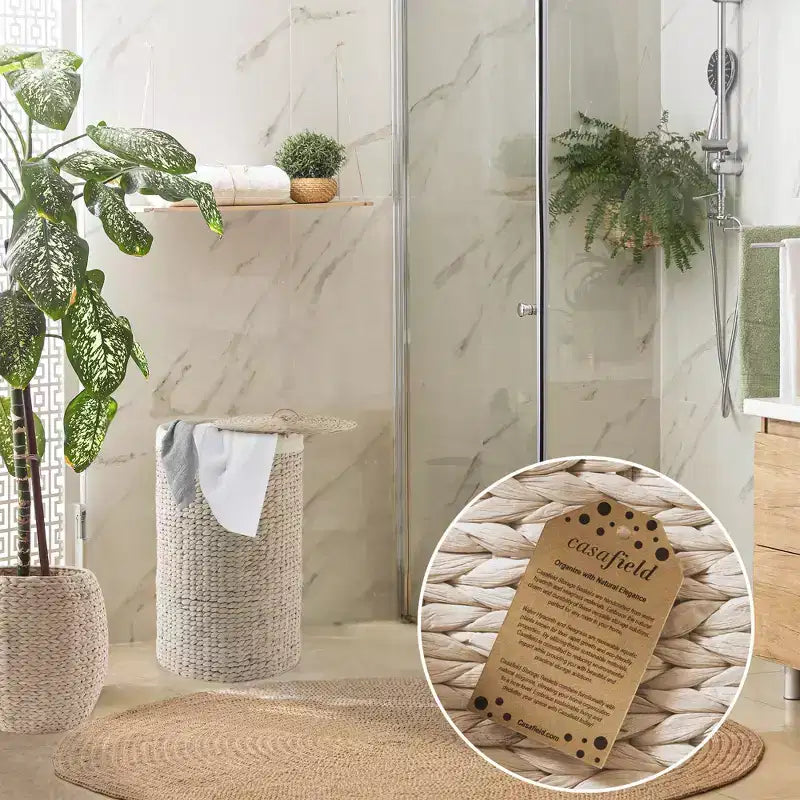 Cesto Portabiancheria Rotondo con Coperchio e Fodera Rimovibile – Cesta Intrecciata in Giacinto d'Acqua
