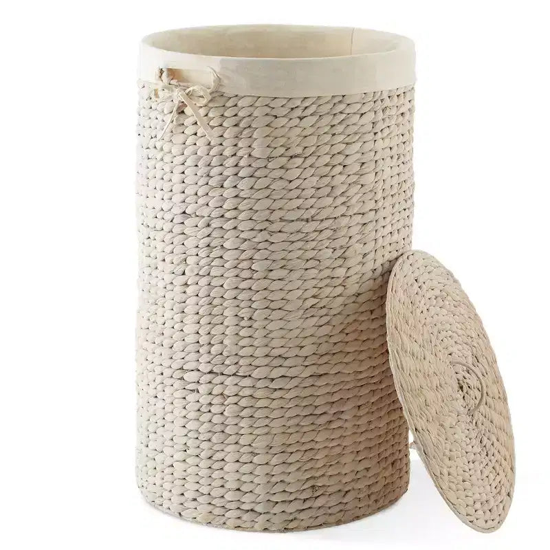 Cesto Portabiancheria Rotondo con Coperchio e Fodera Rimovibile – Cesta Intrecciata in Giacinto d'Acqua
