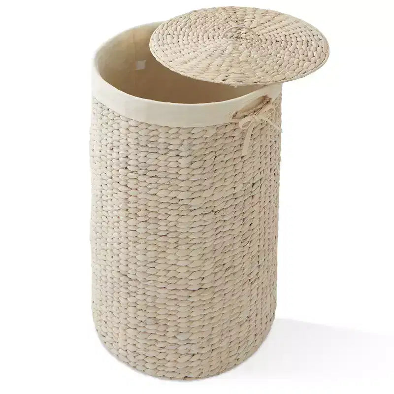 Cesto Portabiancheria Rotondo con Coperchio e Fodera Rimovibile – Cesta Intrecciata in Giacinto d'Acqua