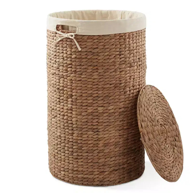 Cesto Portabiancheria Rotondo con Coperchio e Fodera Rimovibile – Cesta Intrecciata in Giacinto d'Acqua