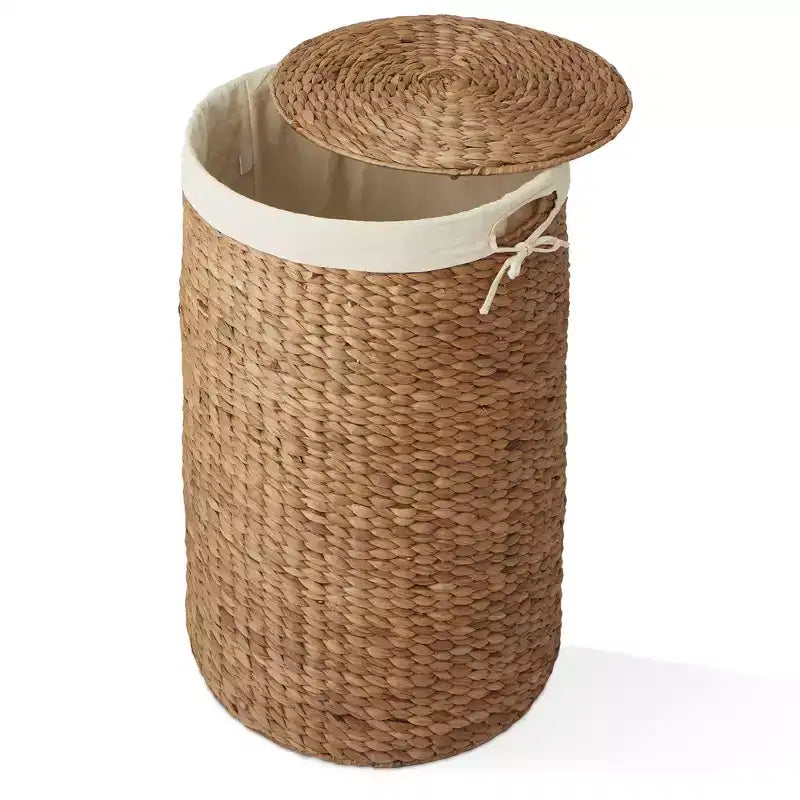 Cesto Portabiancheria Rotondo con Coperchio e Fodera Rimovibile – Cesta Intrecciata in Giacinto d'Acqua