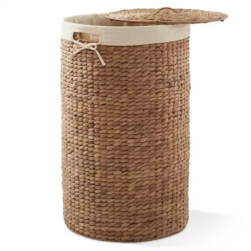 Cesto Portabiancheria Rotondo con Coperchio e Fodera Rimovibile – Cesta Intrecciata in Giacinto d'Acqua