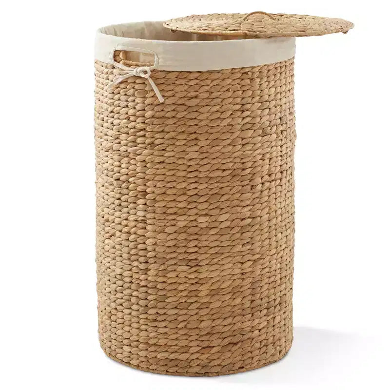 Cesto Portabiancheria Rotondo con Coperchio e Fodera Rimovibile – Cesta Intrecciata in Giacinto d'Acqua