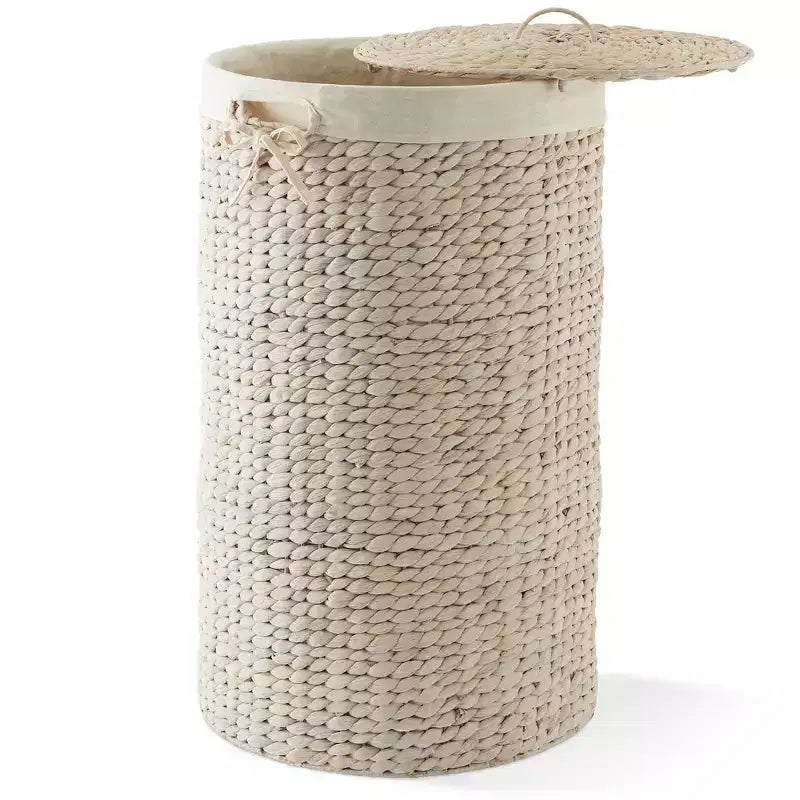 Cesto Portabiancheria Rotondo con Coperchio e Fodera Rimovibile – Cesta Intrecciata in Giacinto d'Acqua