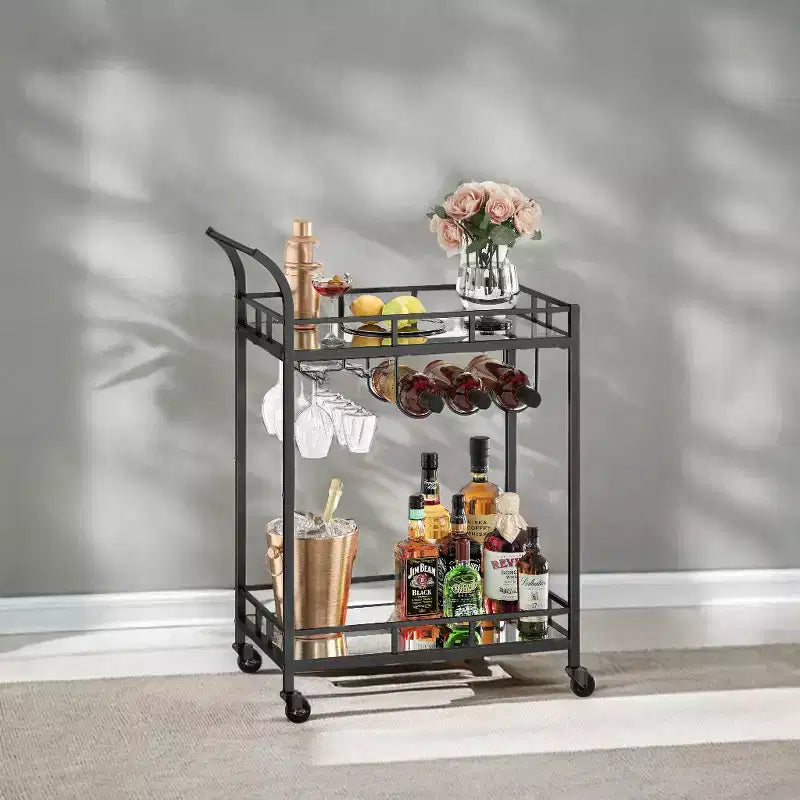 Carrello Bar con 2 Ripiani a Specchio, Porta Bottiglie e Porta Bicchieri