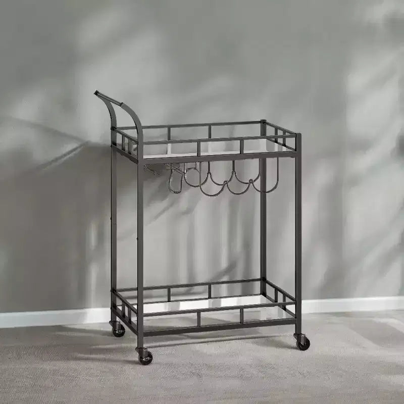 Carrello Bar con 2 Ripiani a Specchio, Porta Bottiglie e Porta Bicchieri