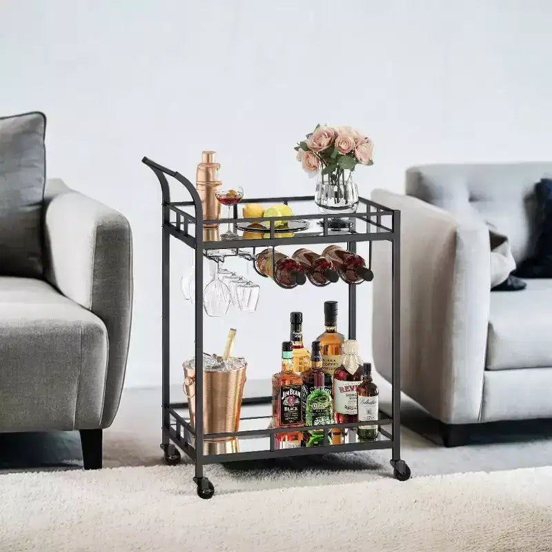 Carrello Bar con 2 Ripiani a Specchio, Porta Bottiglie e Porta Bicchieri