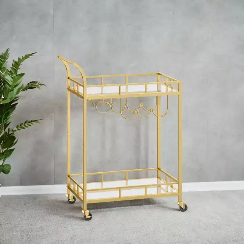 Carrello Bar con 2 Ripiani a Specchio, Porta Bottiglie e Porta Bicchieri