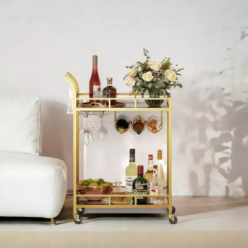 Carrello Bar con 2 Ripiani a Specchio, Porta Bottiglie e Porta Bicchieri