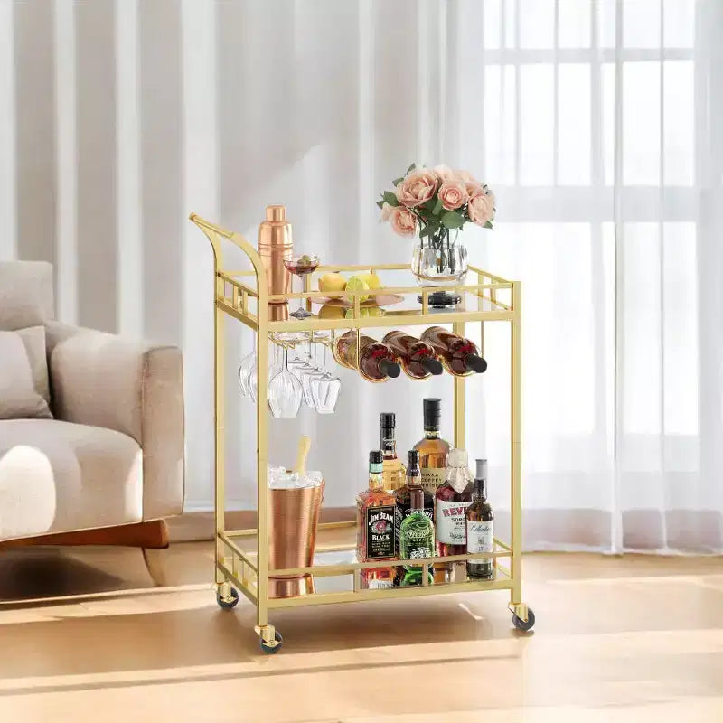 Carrello Bar con 2 Ripiani a Specchio, Porta Bottiglie e Porta Bicchieri