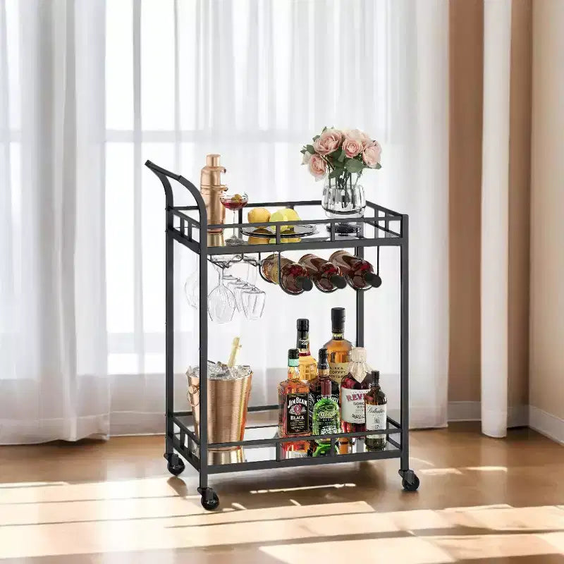 Bar Cart , Home Bar Serving Cart, Wine Cart With 2 Mirrored Shelves, Wine Holders, Glass Holders, For Kitchen, Dining Room