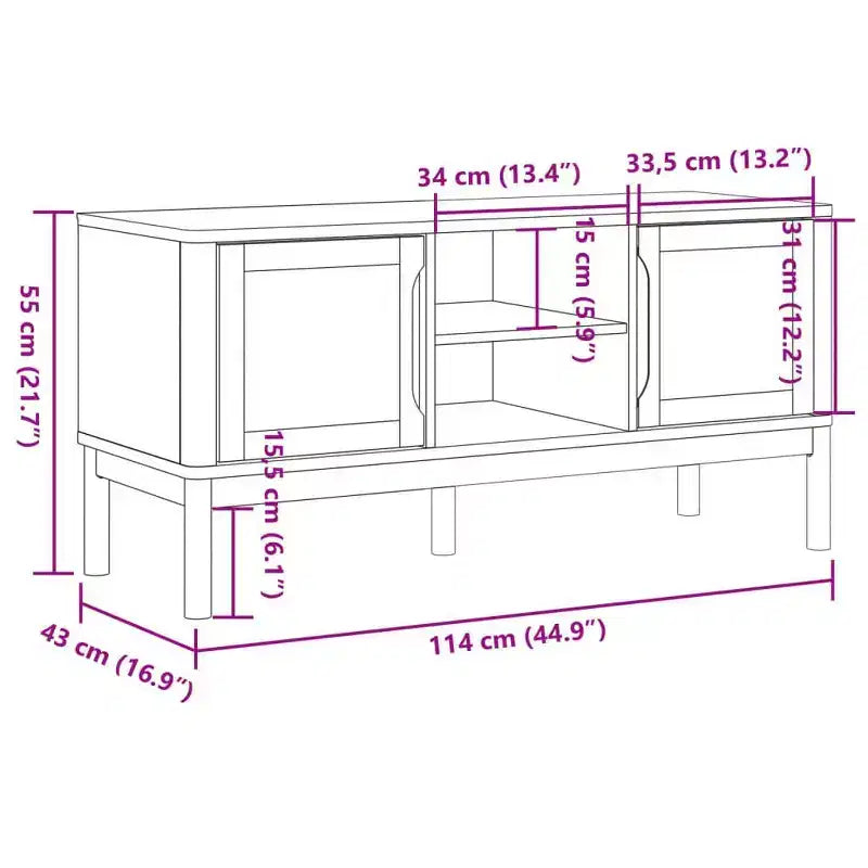 Mobile TV in legno massello di pino con spazio contenitore – Marrone cera, 114 x 43 x 55 cm