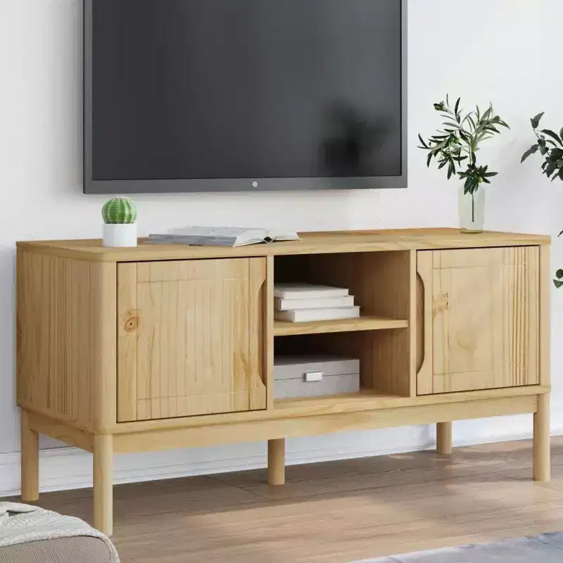 Mobile TV in legno massello di pino con spazio contenitore – Marrone cera, 114 x 43 x 55 cm