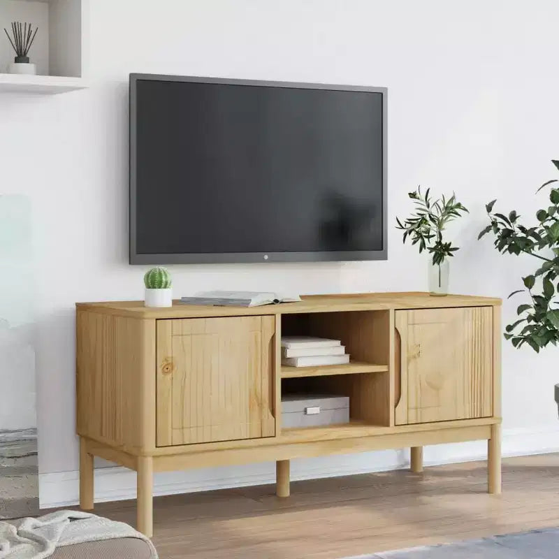 Mobile TV in legno massello di pino con spazio contenitore – Marrone cera, 114 x 43 x 55 cm