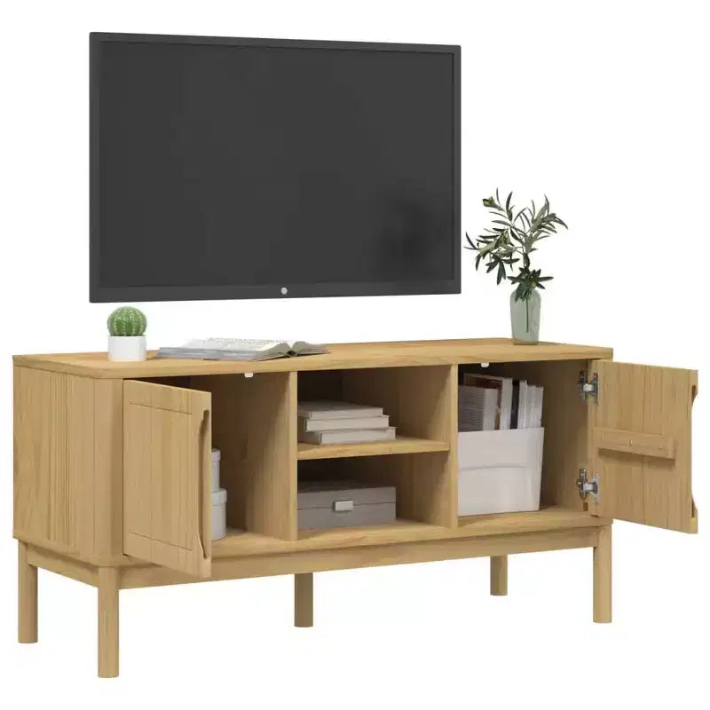 Mobile TV in legno massello di pino con spazio contenitore – Marrone cera, 114 x 43 x 55 cm