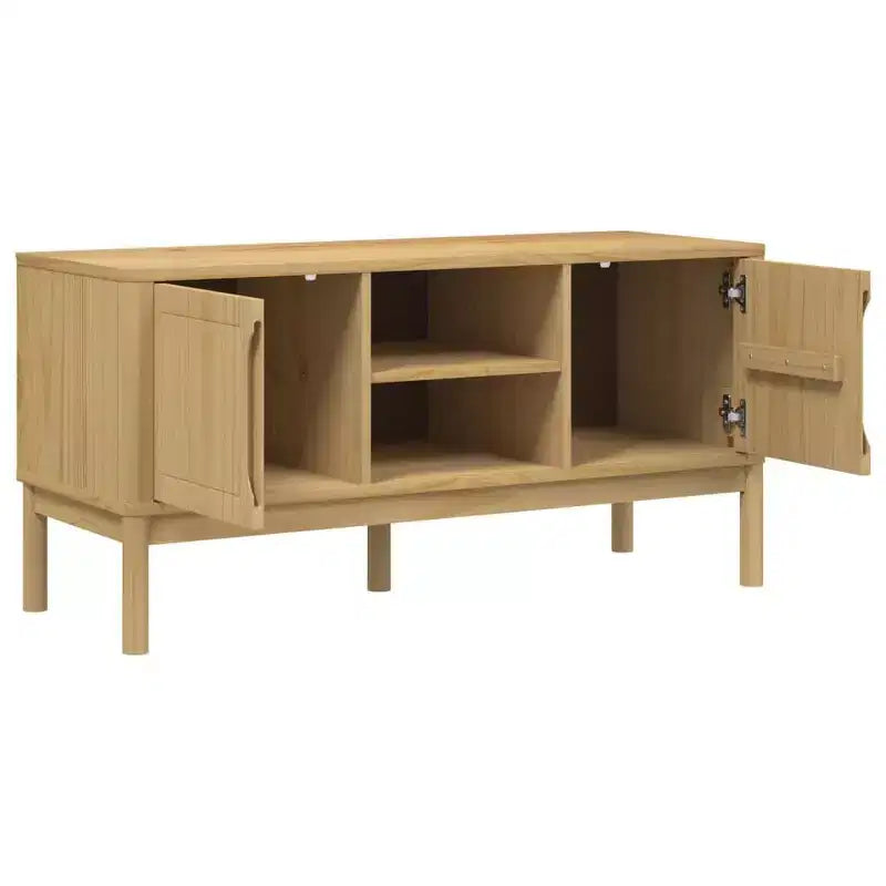Mobile TV in legno massello di pino con spazio contenitore – Marrone cera, 114 x 43 x 55 cm