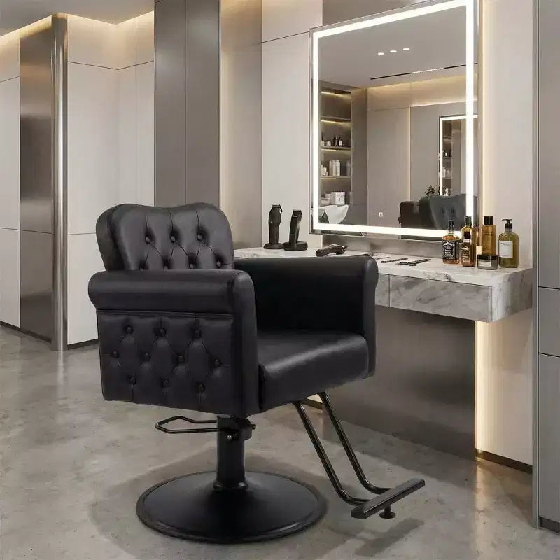 Poltrona reclinabile da salone con rotazione a 360°, regolazione idraulica dell'altezza e rivestimento in pelle sintetica