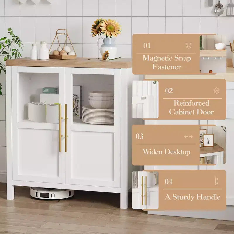 Mobile buffet con ante in vetro e ripiani – 74 cm H, MDF, finitura Pero