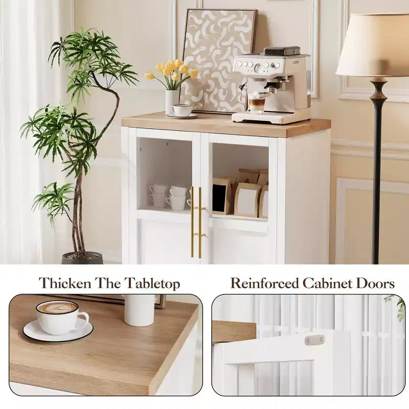 Mobile buffet con ante in vetro e ripiani – 74 cm H, MDF, finitura Pero
