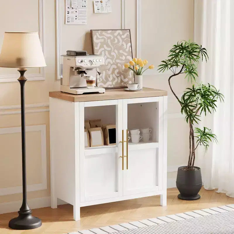 Mobile buffet con ante in vetro e ripiani – 74 cm H, MDF, finitura Pero