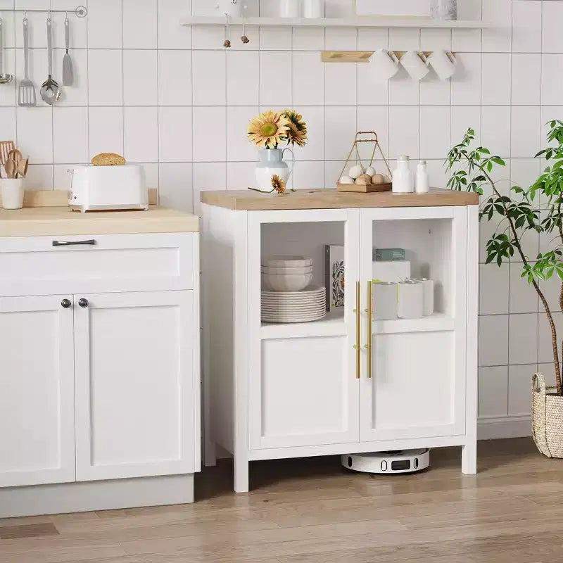 Mobile buffet con ante in vetro e ripiani – 74 cm H, MDF, finitura Pero