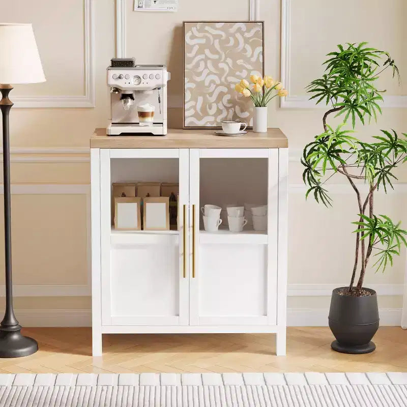 Mobile buffet con ante in vetro e ripiani – 74 cm H, MDF, finitura Pero