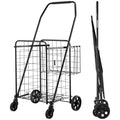 VEVOR Shopping Cart, Folding Grocery Utility Cart with Dual Baskets, Waterproof Liner & Wheels, 100 LBS Large Load Capacity, Black