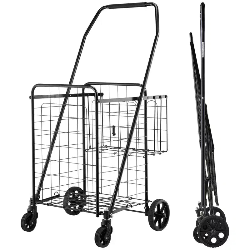 VEVOR Shopping Cart, Folding Grocery Utility Cart with Dual Baskets, Waterproof Liner & Wheels, 100 LBS Large Load Capacity, Black
