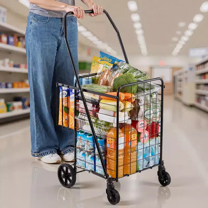 Carrello Portaspesa Pieghevole con Due Cesti, Fodera Impermeabile e Ruote, Capacità 45 kg, Nero