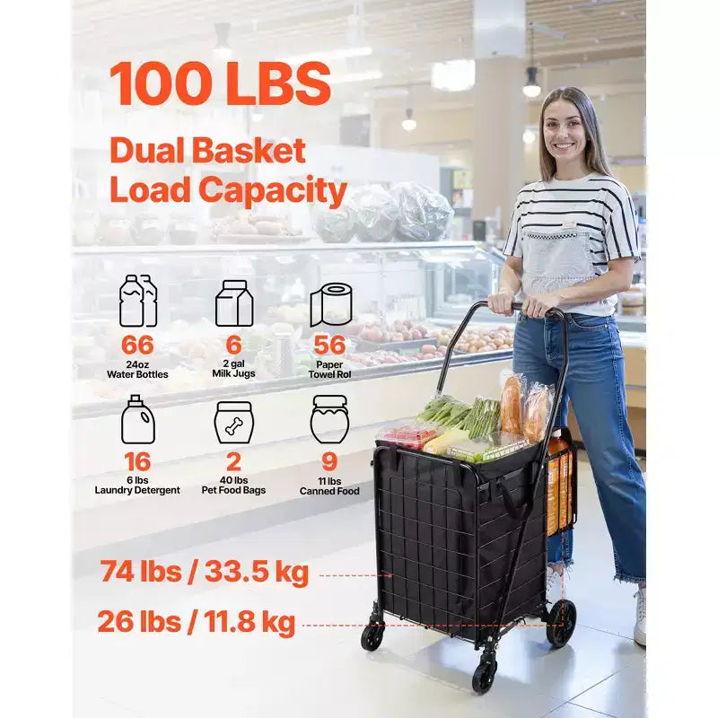 Carrello Portaspesa Pieghevole con Due Cesti, Fodera Impermeabile e Ruote, Capacità 45 kg, Nero