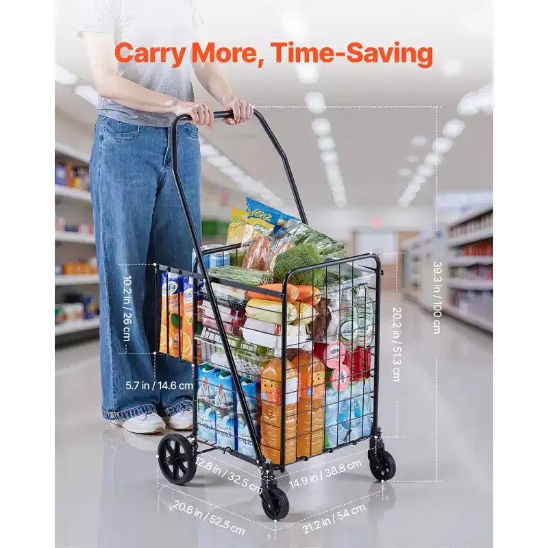 Carrello Portaspesa Pieghevole con Due Cesti, Fodera Impermeabile e Ruote, Capacità 45 kg, Nero