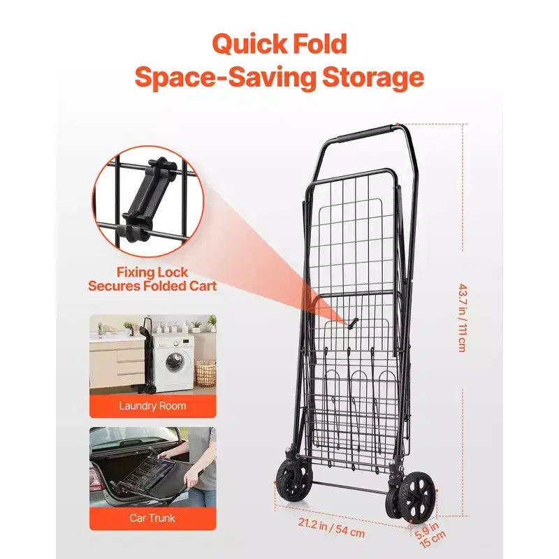 Carrello Portaspesa Pieghevole con Due Cesti, Fodera Impermeabile e Ruote, Capacità 45 kg, Nero